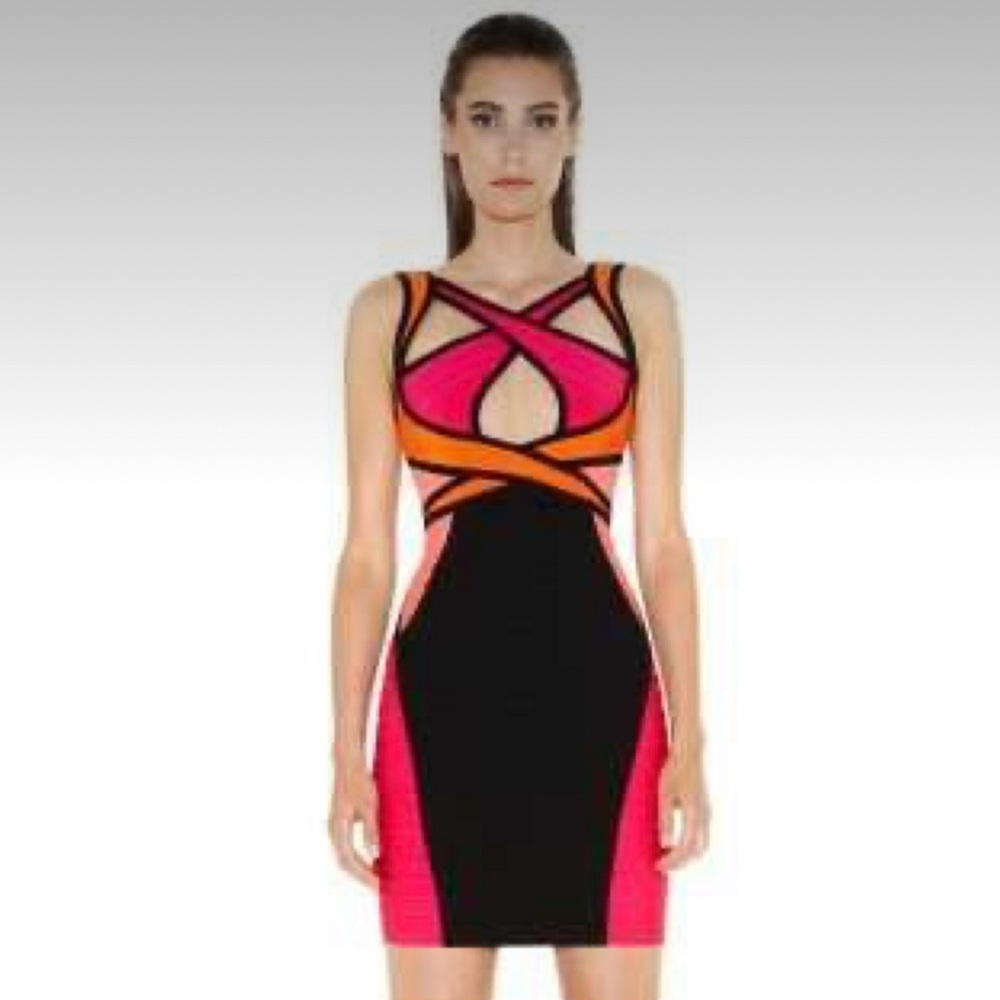 Authentic Herve Leger Strappy Colorblock Dress Sz. M **RARE hard to find style**